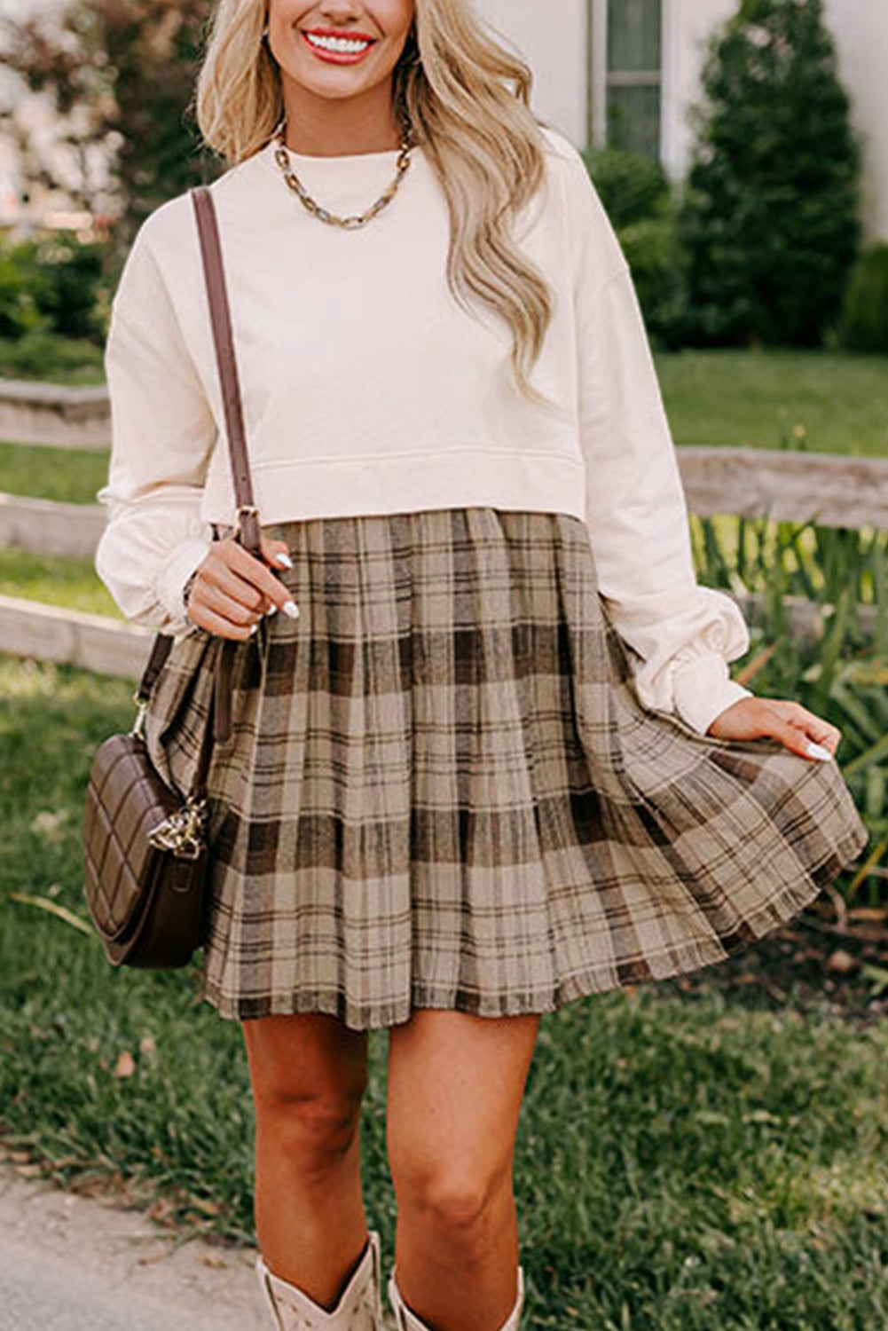 Falling In Love Plaid Sweatshirt Mini Dress