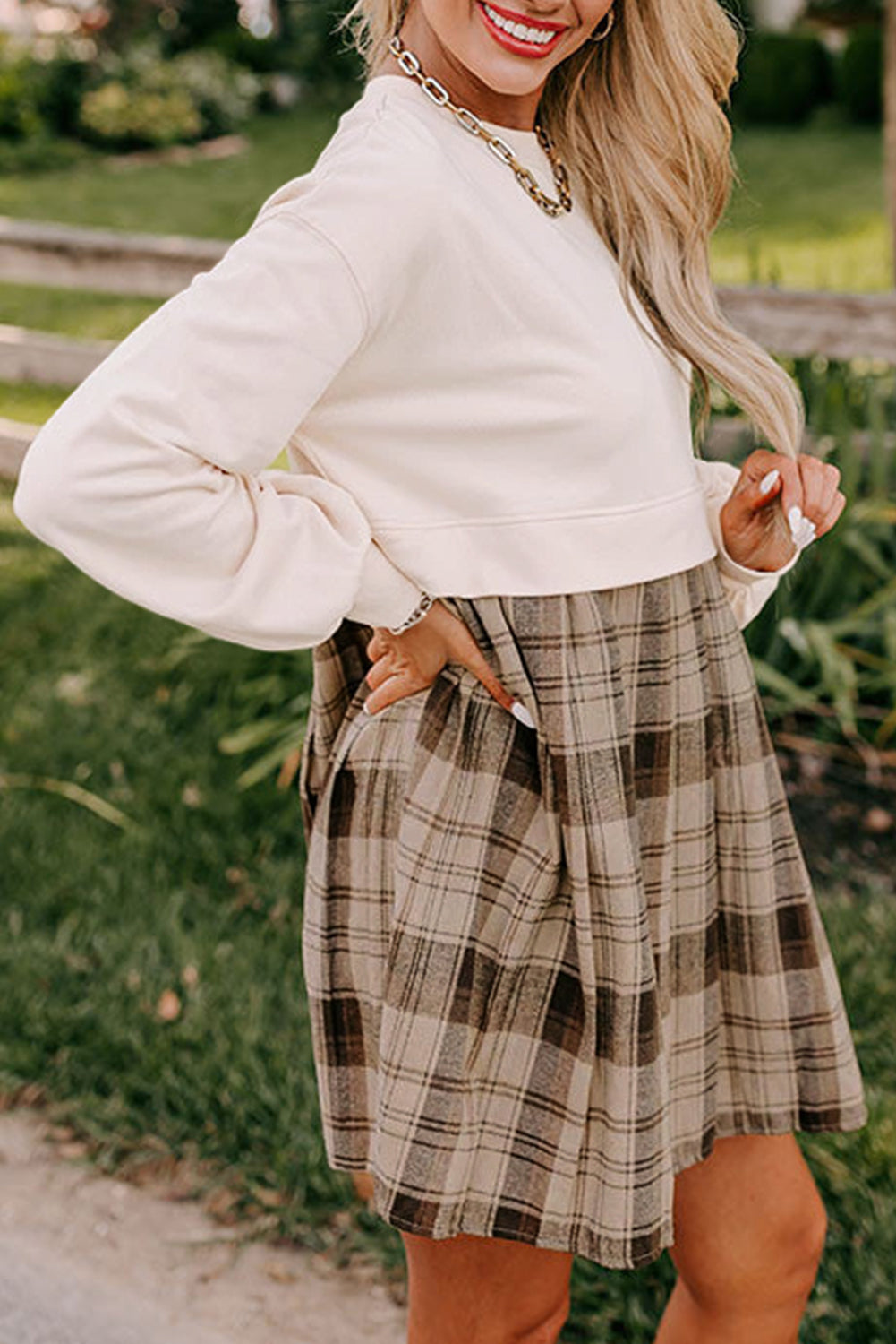 Falling In Love Plaid Sweatshirt Mini Dress
