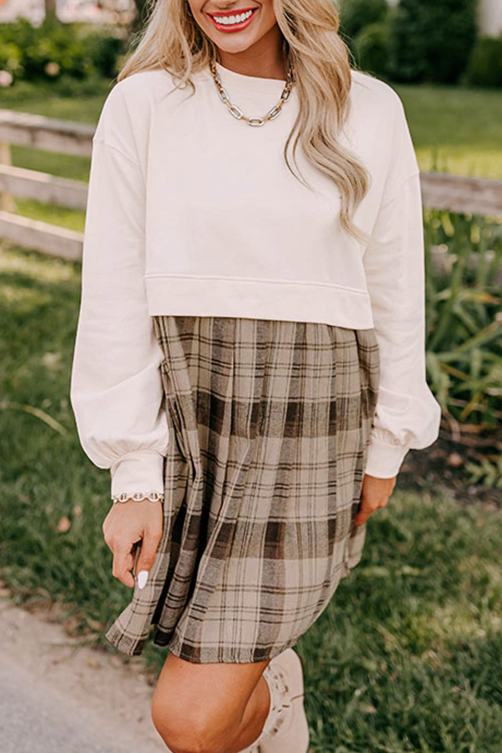 Falling In Love Plaid Sweatshirt Mini Dress